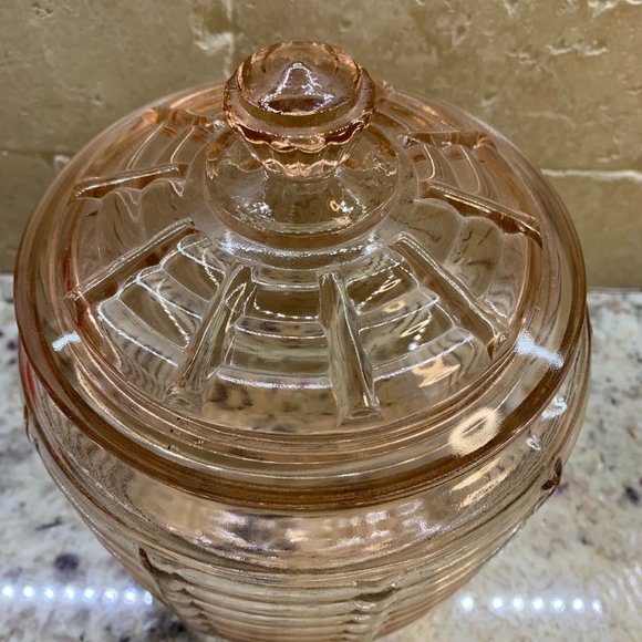 Vintage Anchor Hocking Pink Paneled Ribbed Depression Glass Lidded Cookie Jar #1 - Picture 2 of 3